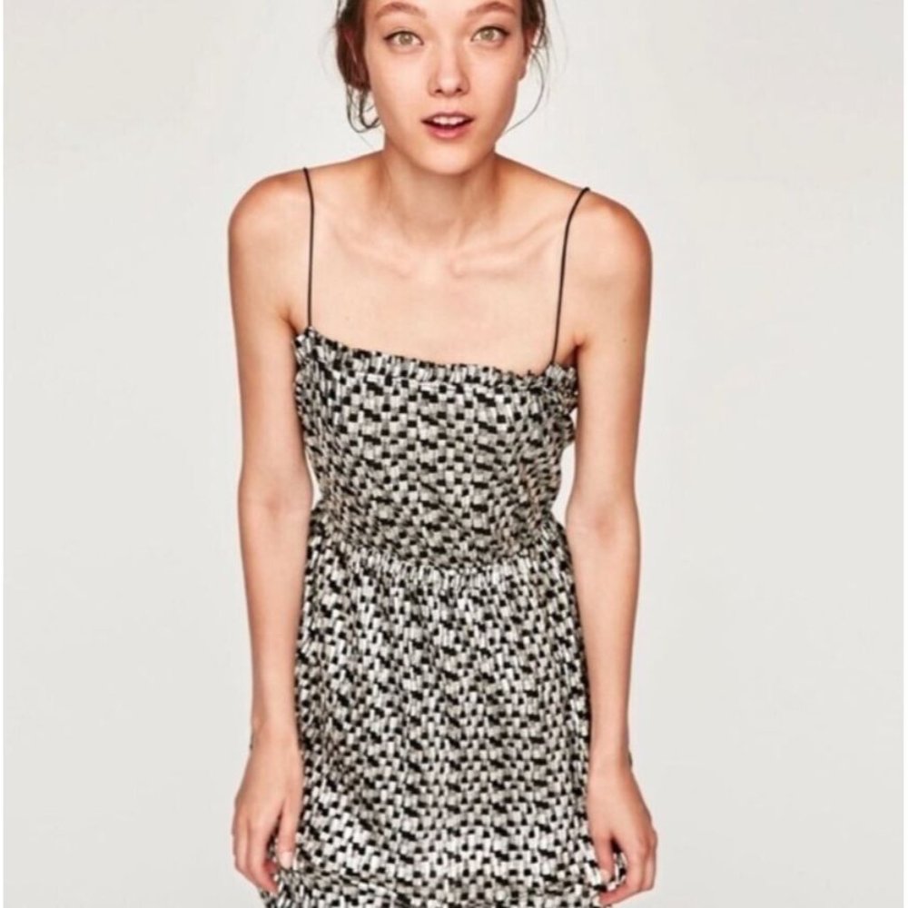 Zara W/B USA S Black Silver Shimmery Metallic Checkered Dress Party NWT